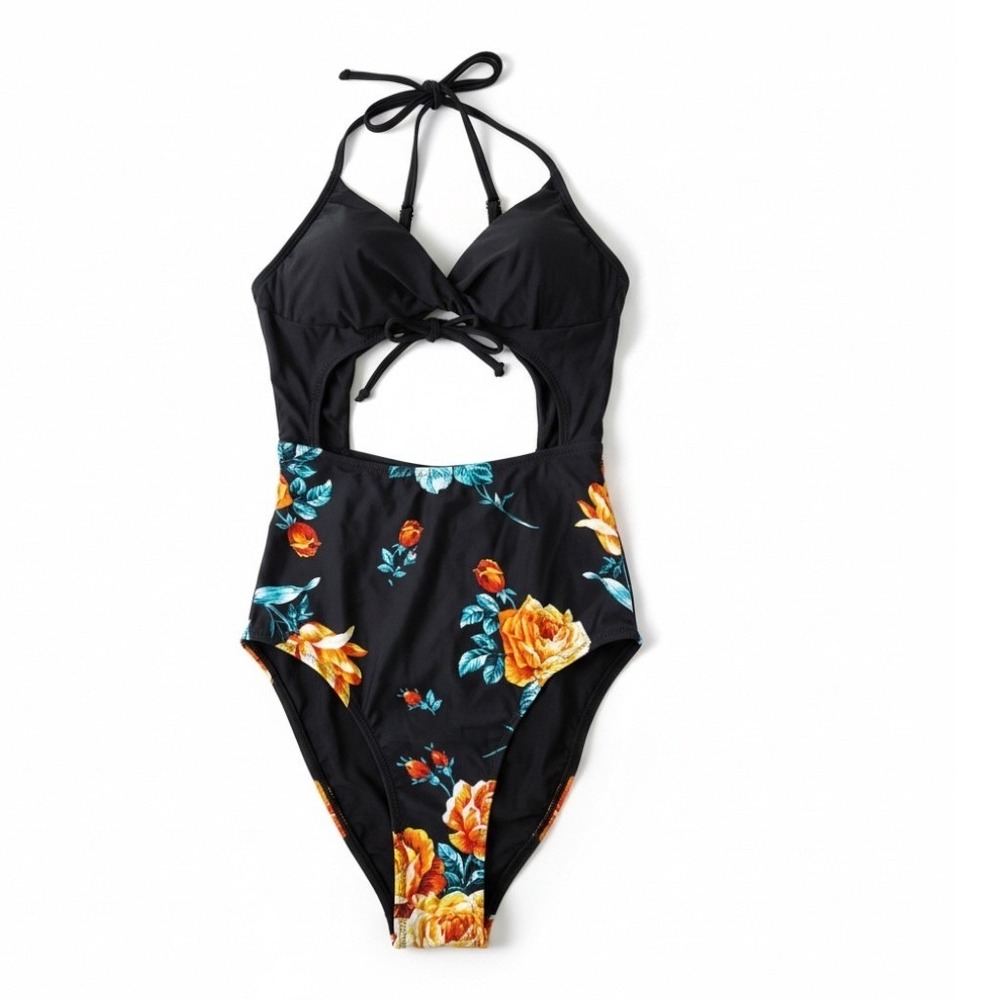 CUPSHE Women Black Floral Print One Piece Swimsuit Halter Cutout Size S - Picture 2 of 8